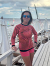 Womens Merino Striped Ski Baselayer Round Neck - Navy Pink and Orange