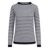 Navy and white striped sweater on a white background
