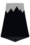 A navy and white merino wool snood with a mountain range design.