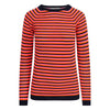 Striped sweater with orange and black horizontal stripes on a white background