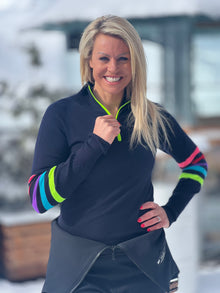  Womens Rainbow Stripe Sleeve Ski Jumper - Navy
