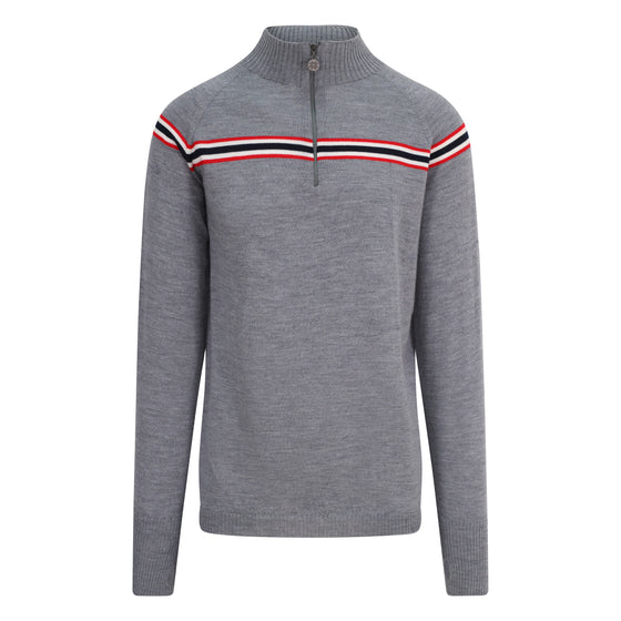 Gray sweater with striped cuffs on a white background