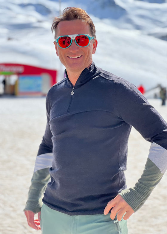 Graham Bell wears Snow Finel Vasl Thoren Ski Jumper in the snow