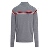 Gray sweater with red, white, and black striped sleeves on a white background