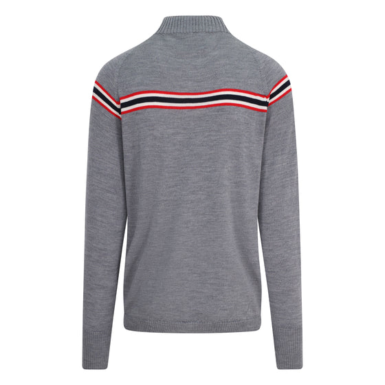 Gray sweater with red, white, and black striped sleeves on a white background
