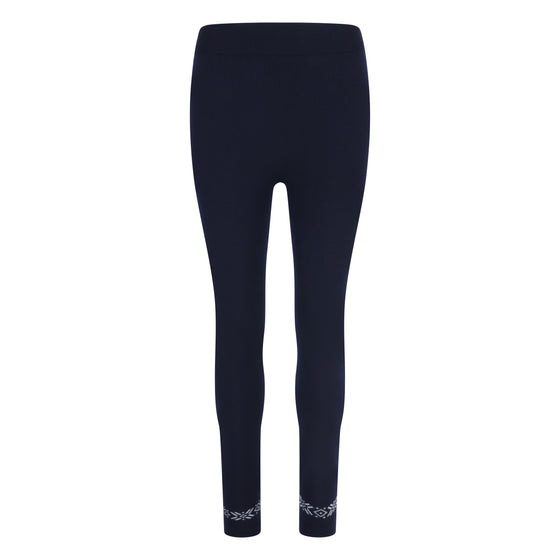 Black leggings with floral embroidery on a white background