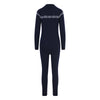 Navy blue full-body suit with patterned shoulder area on a white background