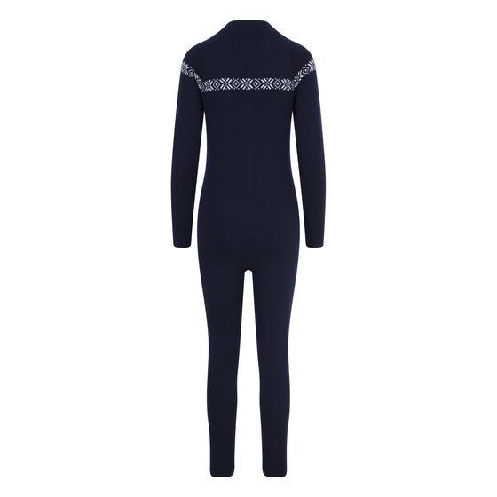 Navy blue full-body suit with patterned shoulder area on a white background