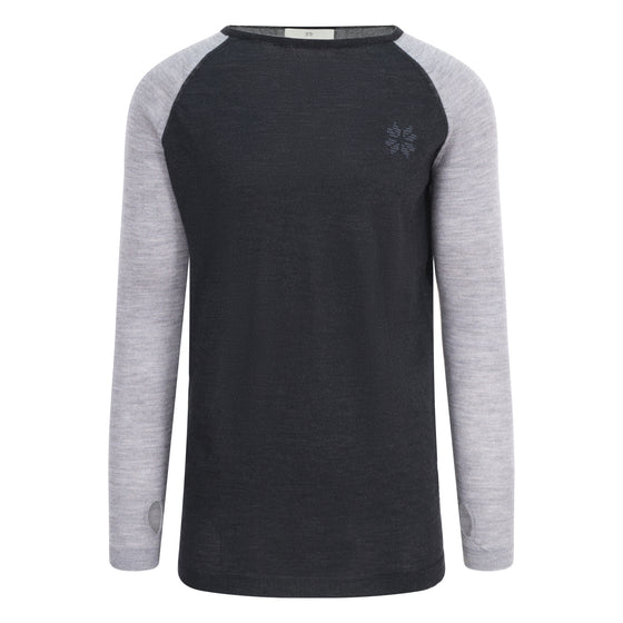 Long-sleeve shirt with black body and gray sleeves on a white background