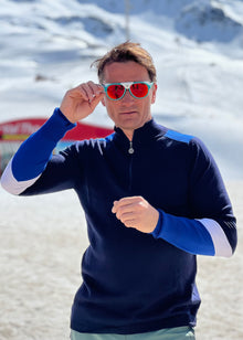  Graham Bell wears Snow finel navy ski jumper in the snow