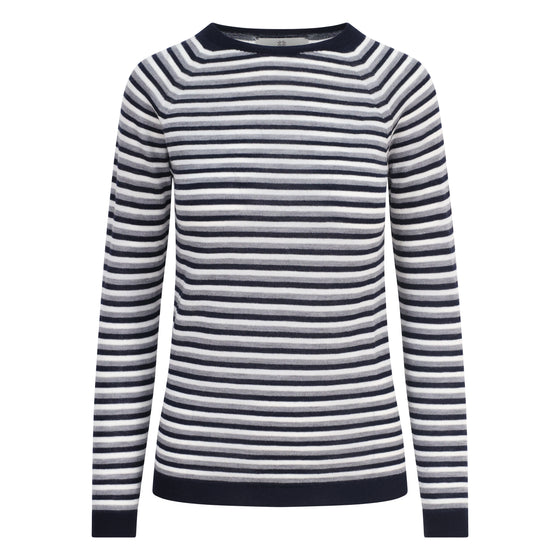 Navy and white striped sweater on a white background
