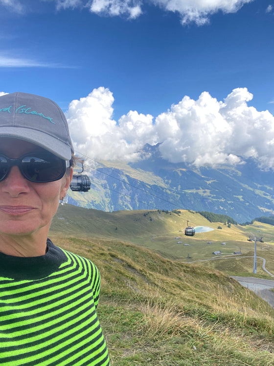 Womens Merino Ski Baselayer Round Neck - Charcoal and Green Stripe