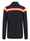 A black knit mock neck sweater with a bold orange and white chevron stripe across the shoulders, shown against a plain white background.
