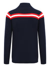 A navy blue knit sweater with a mock neck and shoulder stripes in red and white, shown against a plain white background.
