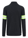 A dark charcoal gray knit sweater with high ribbed mock neck and sleeve cuffs, featuring two horizontal reflective stripes on each sleeve in neon yellow-green and silver-gray.