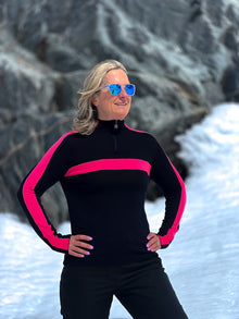  women wearing navy and pink stripe merino ski jumper