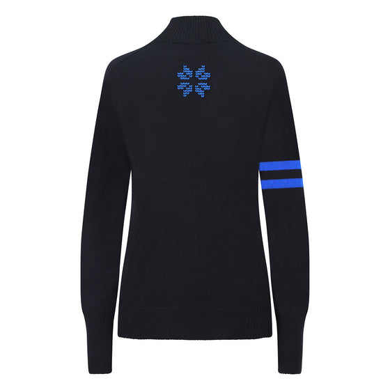 Womens Wengen Ski Jumper - Black and Cobalt Sleeve Stripe