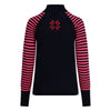 Black long-sleeve shirt with pink and black striped sleeves on a white background