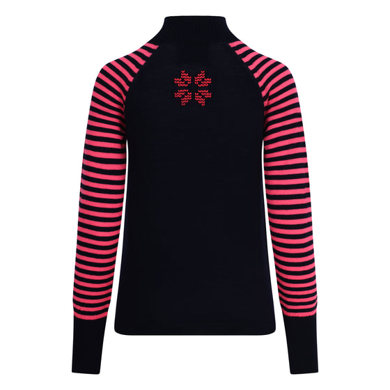 Black long-sleeve shirt with pink and black striped sleeves on a white background