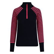  Black long-sleeve shirt with pink and black striped sleeves on a white background