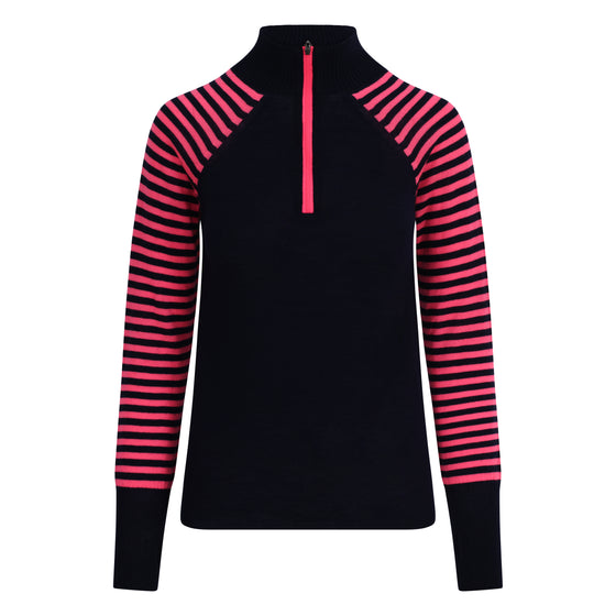 Black long-sleeve shirt with pink and black striped sleeves on a white background