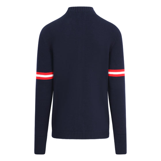 Navy sweater with red and white striped sleeves on a white background