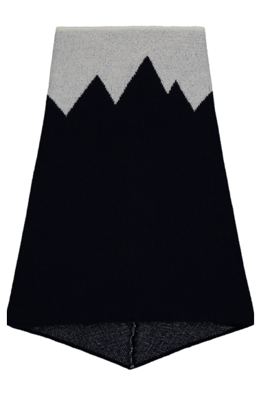 A navy and white merino wool snood with a mountain range design.