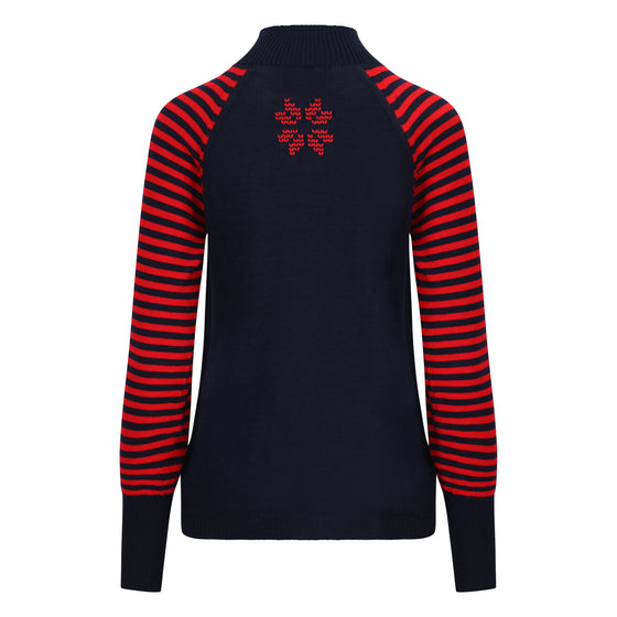 Black sweater with red and black striped sleeves on a white background