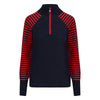 Navy and red striped long-sleeve shirt with a quarter zip on a white background