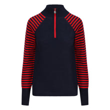 Navy and red striped long-sleeve shirt with a quarter zip on a white background