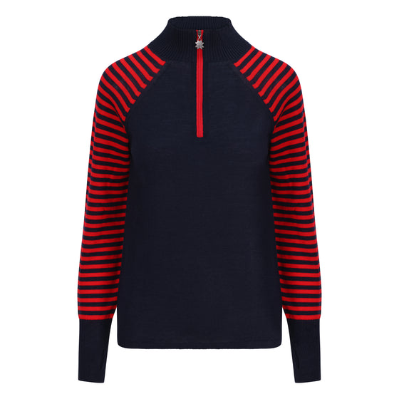 Navy and red striped long-sleeve shirt with a quarter zip on a white background