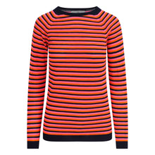  Striped sweater with orange and black horizontal stripes on a white background